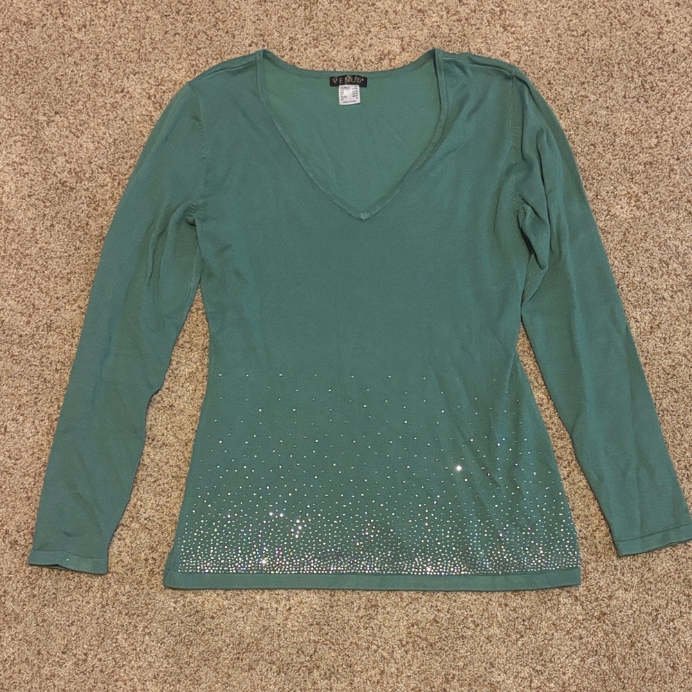 VENUS Teal V-Neck Blouse with Silver Embellishments
